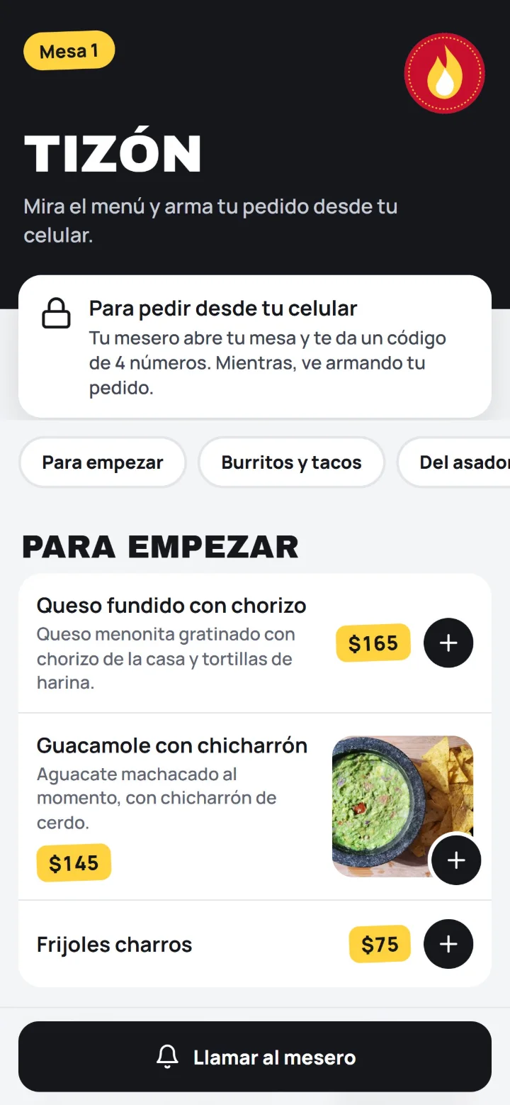 La parte de arriba del menú del cliente con el nombre del restaurante, las categorías y los primeros platillos.