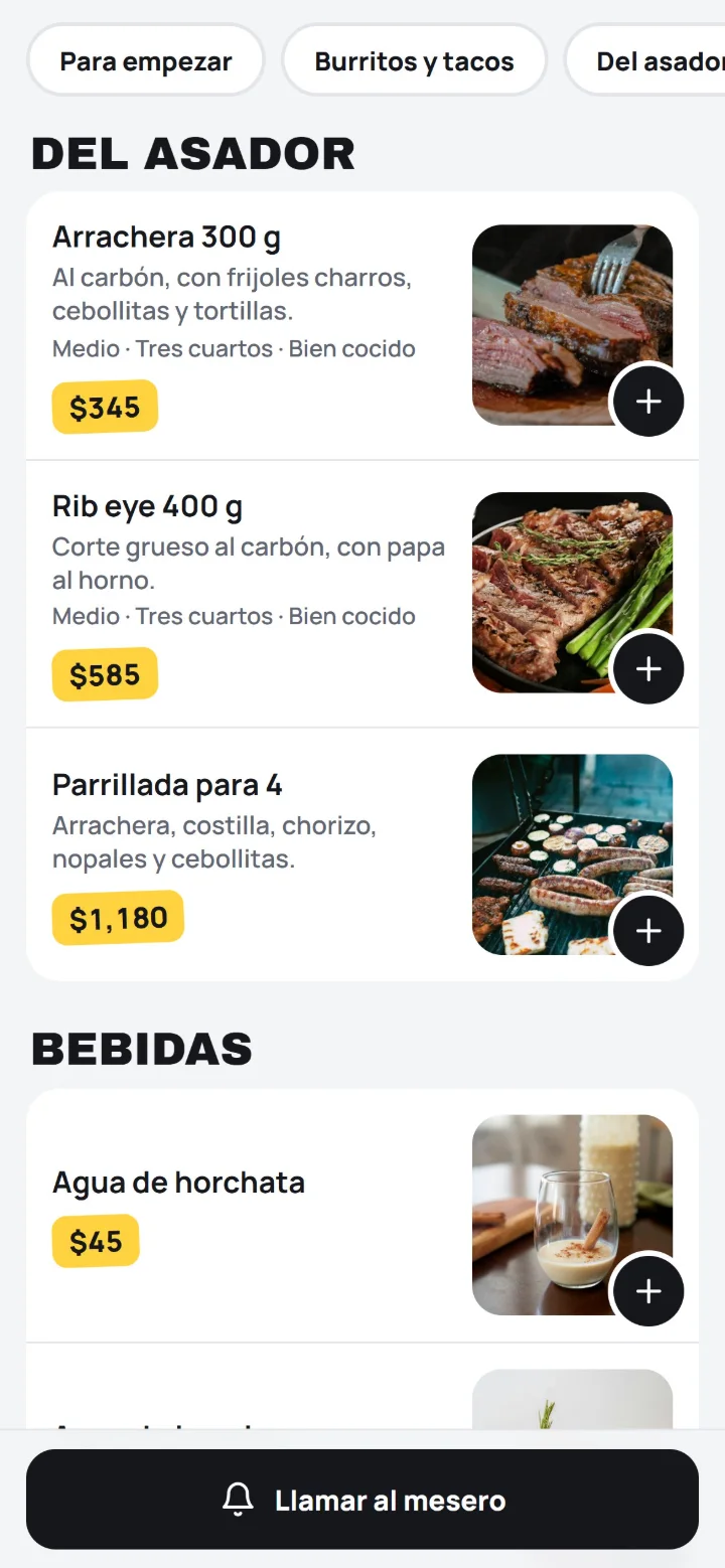 El menú de un restaurante en el celular del cliente: arrachera, rib eye y parrillada con sus fotos y precios.