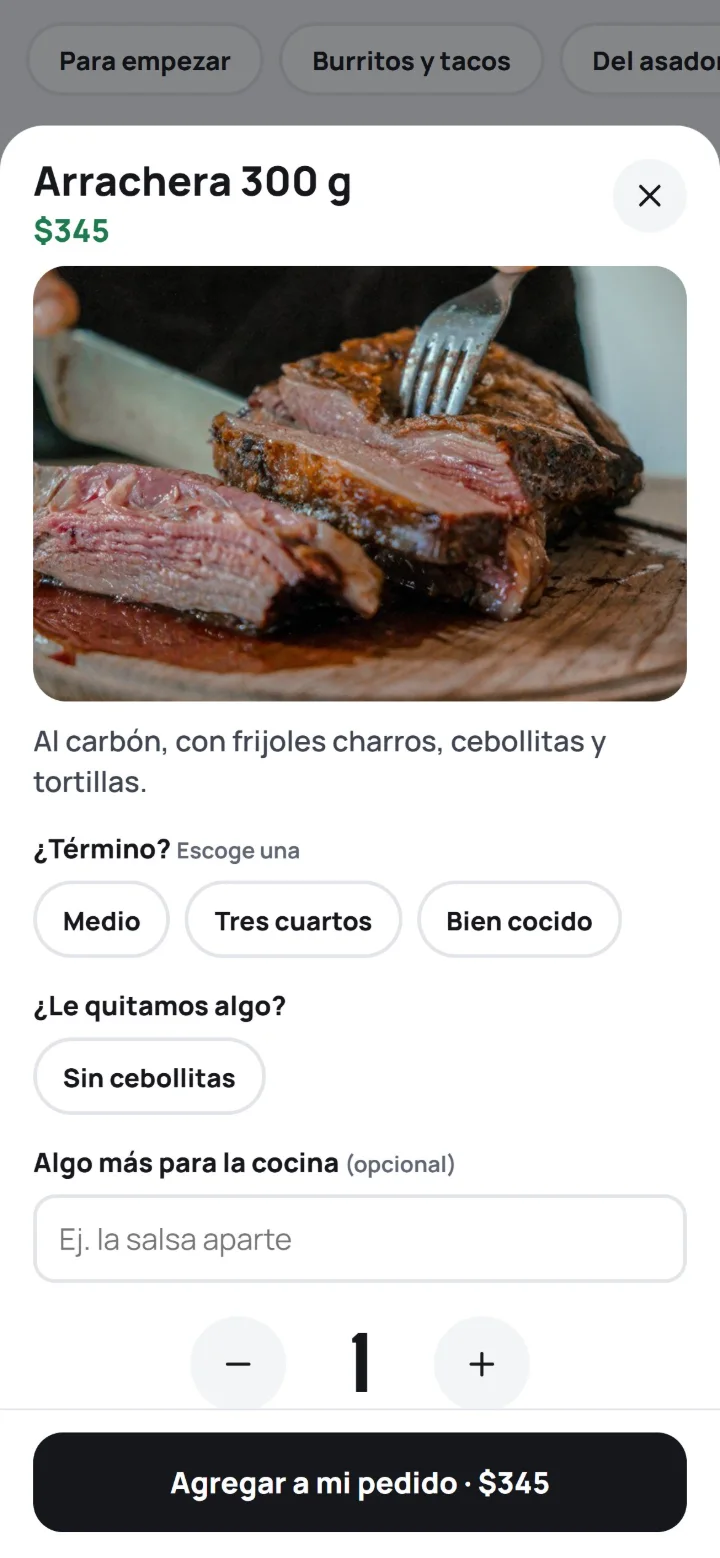 La arrachera en grande con su foto, el término a escoger y qué quitarle.