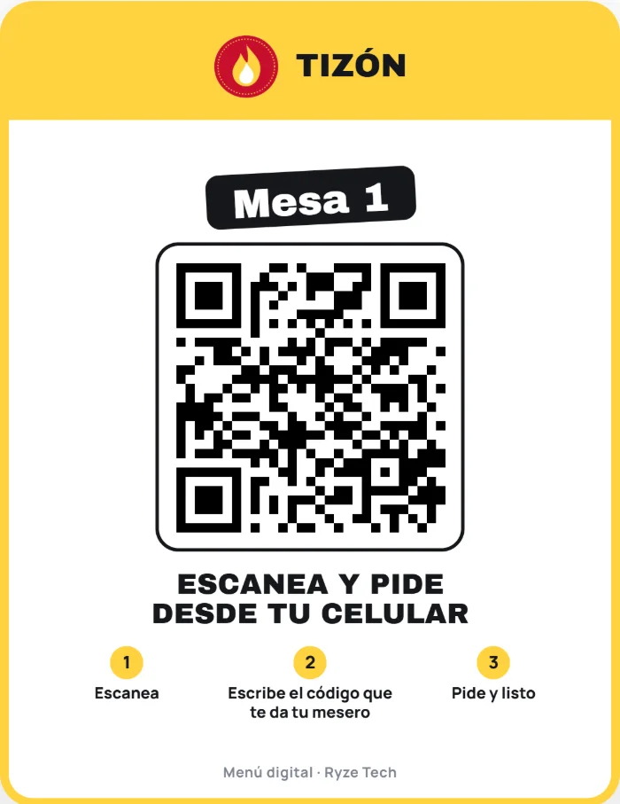 La tarjetita de la mesa 1 con su QR y los pasos: escanea, escribe el código que te da tu mesero y pide.