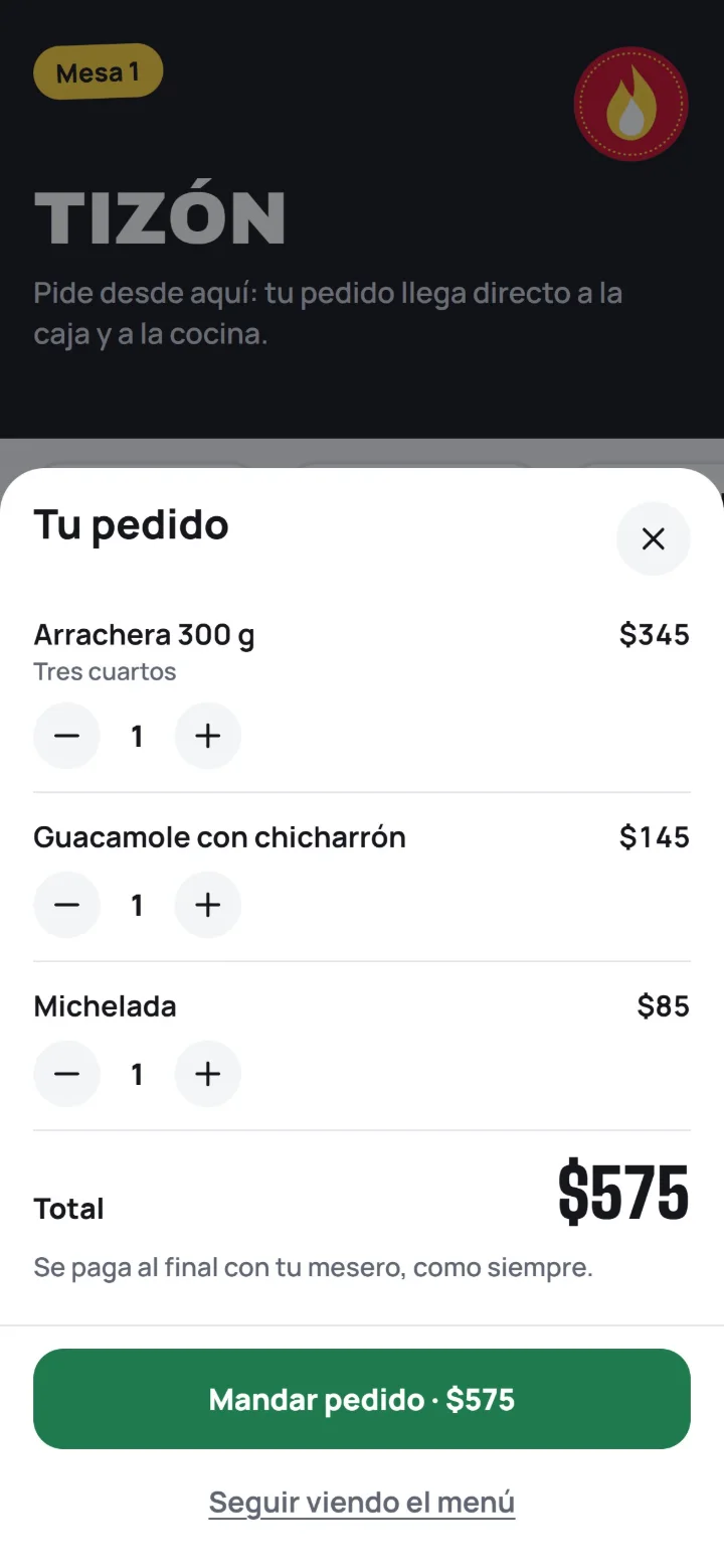 Tu pedido: arrachera tres cuartos, guacamole y michelada, con el total de $575 y el botón Mandar pedido.
