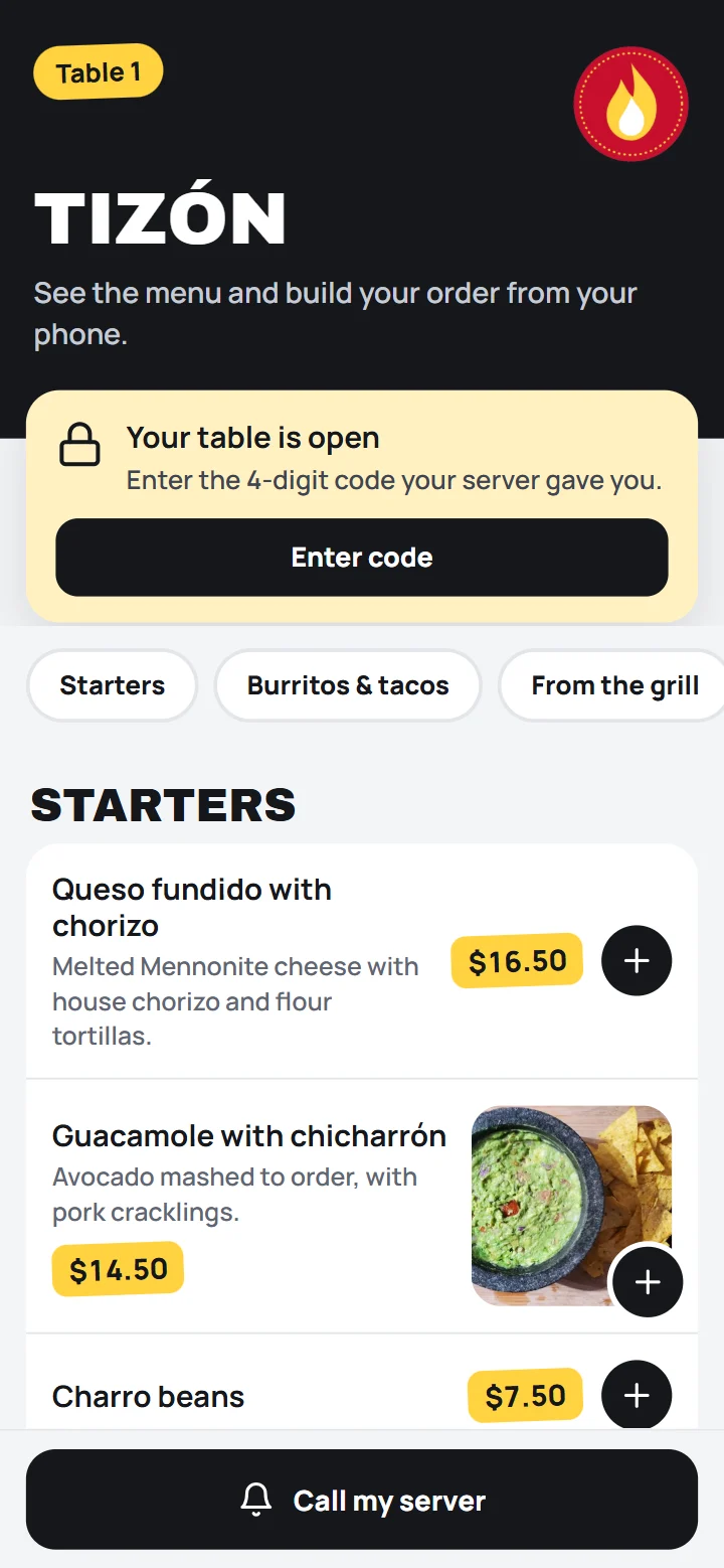 The top of the guest menu with the restaurant’s name, the categories and the first dishes.