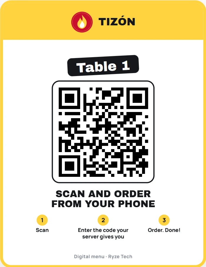 Light table card with table 1’s QR.