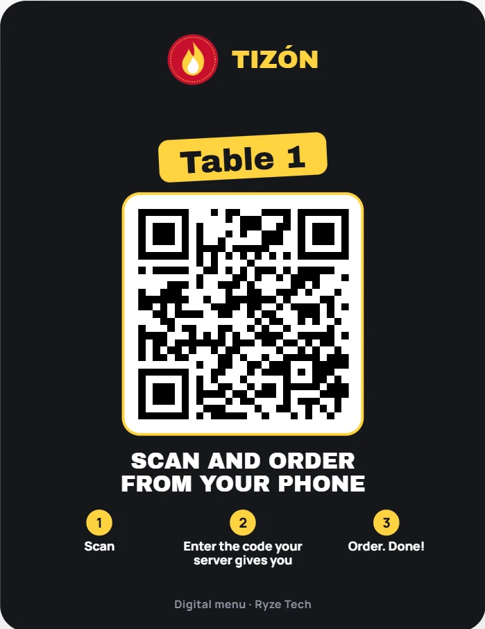 Dark table card with table 1’s QR.